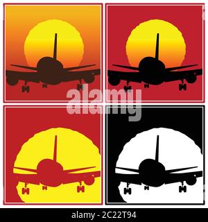 Plane taking off or landing at sunset, rear view. Vector illustration ...