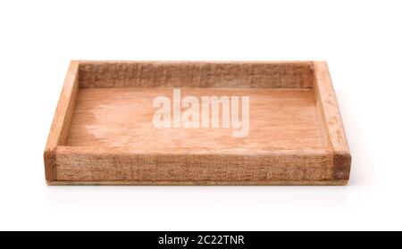 Front view of small empty wooden tray isolated on white Stock Photo