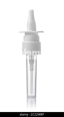 Front view of clear plastic nasal spray bottle isolated on white Stock Photo