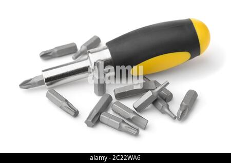 Screwdriver and metal replacement bits set isolated on white Stock Photo