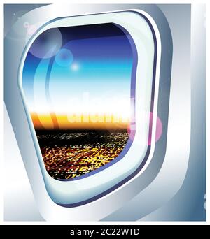 vector illustration view from the airplane over the city at dawn Stock Vector