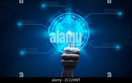 Man Scanning Thumb Fingerprint Touching Virtual Panel Over Blue Background Stock Photo