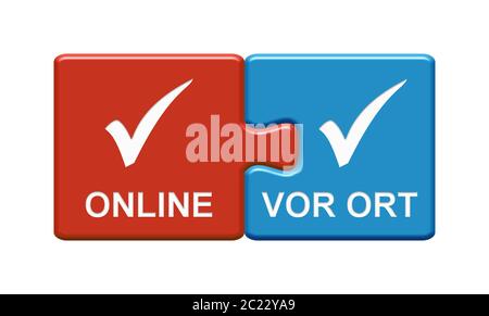 Isolated puzzle button with two pieces showing online and on site in german language Stock Photo