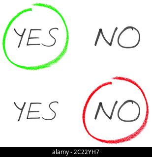 Yes or No? Handwritten text with green and red marking on white background Stock Photo