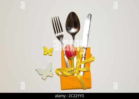 springlike Easter cutlery sets Stock Photo