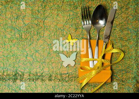 springlike Easter cutlery sets Stock Photo