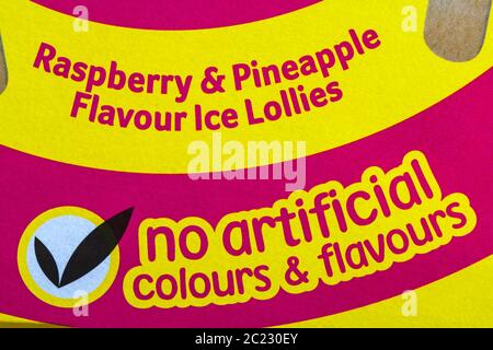 No artificial colours & flavours detail on box of Barratt Fruit Salad Raspberry & Pineapple Flavour Ice Lollies Stock Photo