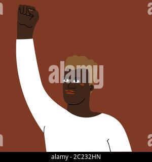 Protester African man with a raised fist. No racism concept.Protest, march, piquet, demonstration, fight for human rights, freedom hand drawn vector Stock Vector