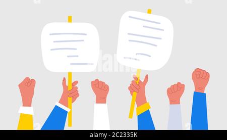 People hands holding signs, banners and placards on a protest demonstration or picket on parade, political meeting or rally. Male and female protesters and activists. Stock Vector