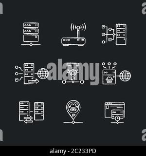 Virtual proxy servers chalk white icons set on black background Stock Vector