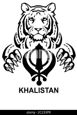 The Tiger and the most significant symbol of Sikhism - Sign of Khanda and Khalistan, drawing for tattoo, on a white background, vector Stock Vector