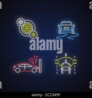 Car security measures neon light icons set Stock Vector