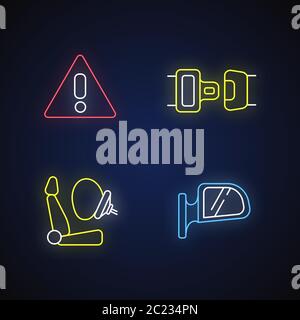 Drivers safety precautions neon light icons set Stock Vector