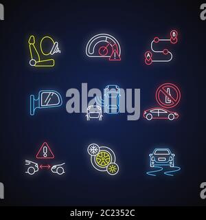 Safe driving neon light icons set Stock Vector