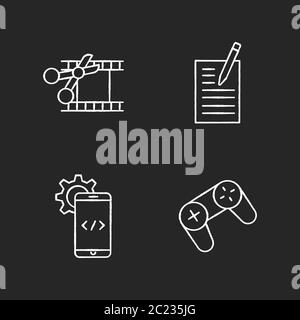 Work with technology chalk white icons set on black background Stock Vector