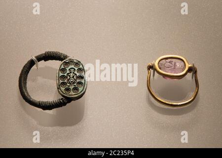 Leiden, The Netherlands - JAN 26, 2019: old rings from ancient Egypt, old jewelry with inscriptions hieroglyphics. Stock Photo