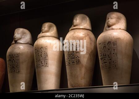 Leiden, The Netherlands - JAN 26, 2019: canopic jars from ancient Egypt for organs. Stock Photo