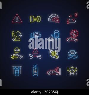 Driving safety neon light icons set Stock Vector