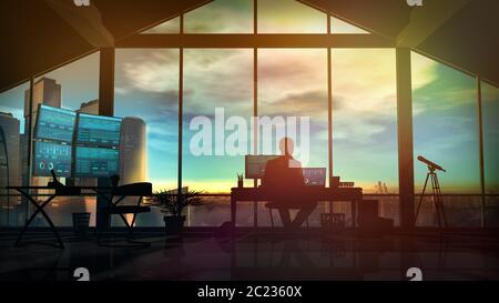 The trader trades on the stock exchange at home in a comfortable environment. Before him are monitors and infographics for successful online trading. Stock Photo