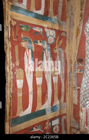 Leiden, The Netherlands - JAN 26, 2019: closeup of colored decoration on an old wooden sarcophagus from ancient egypt. Stock Photo