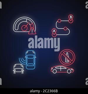 Driving risks neon light icons set Stock Vector