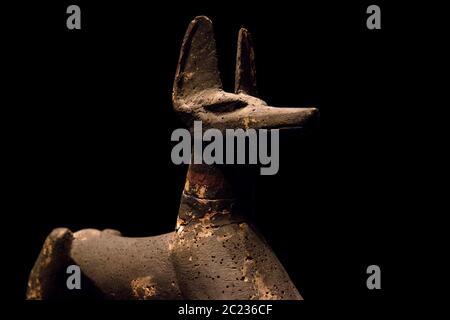 Leiden, The Netherlands JAN 26, 2019: ancient egyptian Anubis statue at the exhibition Gods of Egypt in Leiden. God of the underworld. Stock Photo