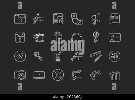 Freelance professions elements chalk white icons set on black background Stock Vector