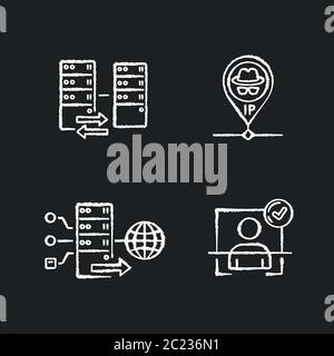 Virtual networking chalk white icons set on black background Stock Vector