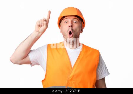 Happy Builder Smiling To Camera Posing Standing On White Background Stock Photo