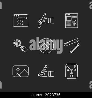 Designer work elements chalk white icons set on black background Stock Vector
