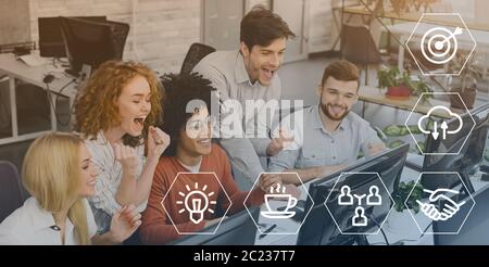 Excited company employees working on computers in open space office. Collage with coworking icons. Panorama Stock Photo