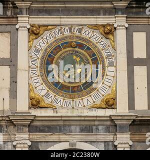 Brescia (Italy): complex mechanical clock that shows the hours, the moon phases and the zodiac signs on two different dials. Stock Photo