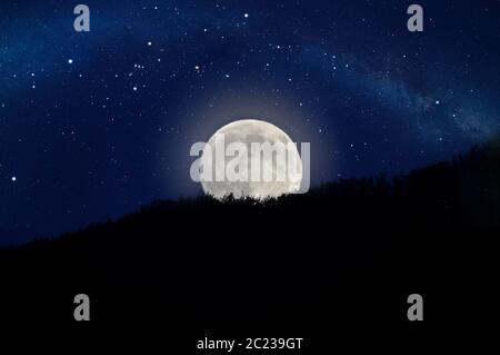 Moonrise over the forest in a starry sky