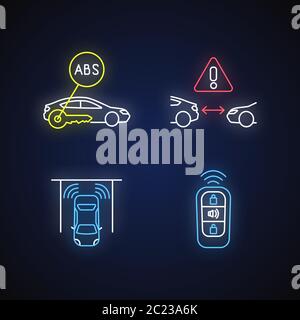 Smart driving safety systems neon light icons set Stock Vector