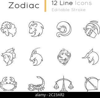 Zodiac signs pixel perfect linear icons set Stock Vector