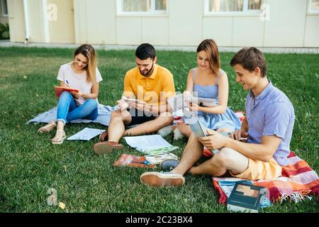 Group of studying students sitting on grass with note books Stock Photo