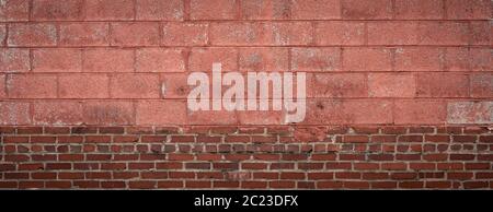 Panoramic background of mixed old brick and concrete blocks, rough texture backdrop, creative copy space, horizontal aspect Stock Photo