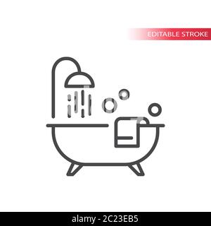 Bathtub with shower, towel and bubbles thin line vector icon. Outline, editable stroke. Stock Vector