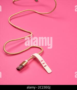 golden usb cable for charging with electricity equipment in textile winding on a pink background Stock Photo