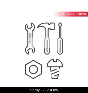 Spanner or wrench, bolt, nut and screwdriver hardware tools thin line icon set. Outline, editable stroke. Stock Vector