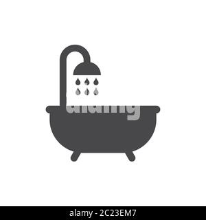 Bathtub with shower and water drops black vector icon. Bathroom, washroom symbol. Stock Vector