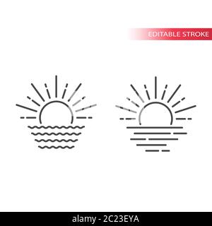 Sun and sea waves simple thin line vector icon. Editable stroke. Stock Vector