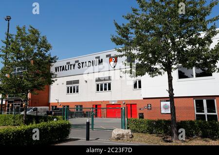Bournemouth, UK. 16th June 2020. Vitality Stadium in Bournemouth, Dorset, home ground of Premier League football team AFC Bournemouth which will host the first live terrestrial broadcast of the restarted Premier League when the home team play Crystal Palace on June 20th.  Credit: Richard Crease/Alamy Live News Stock Photo