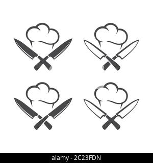 Kitchen knives or cleaver crossed, with chef cap black vector pictogram icon. Logo for restaurant. Stock Vector