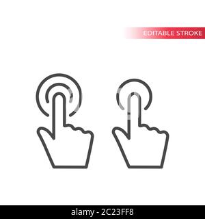 Hand pointer with circles, click or touch thin line icon. Outline, editable stroke. Stock Vector