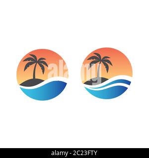 Palm, tropical island and sea or ocean wave in circle logo design. Tourism, exotic summer vacation or holiday colorful vector symbol. Stock Vector