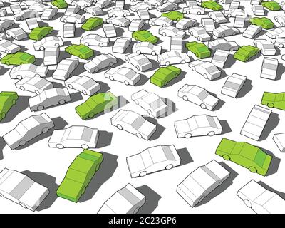 Green ecological cars standing out from others in giant traffic jam Stock Vector