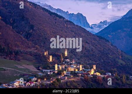 View over the town Mestia in the Caucasus Mountains, Georgia Stock Photo