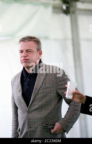 Suggs making his way to the Tata tent where he was talking about his early life and years as a musician on stage at Hay Festival 2014 ©PRWPhotography Stock Photo