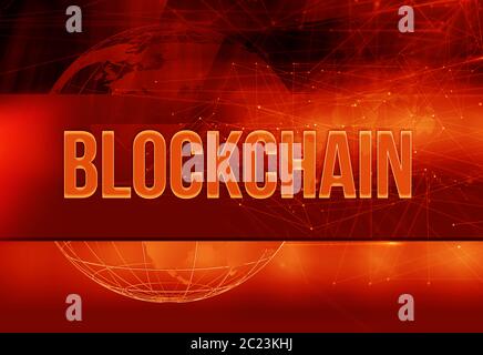 Graphical blockchain red theme background with connection lines. Global connectivity new technology concept Stock Photo